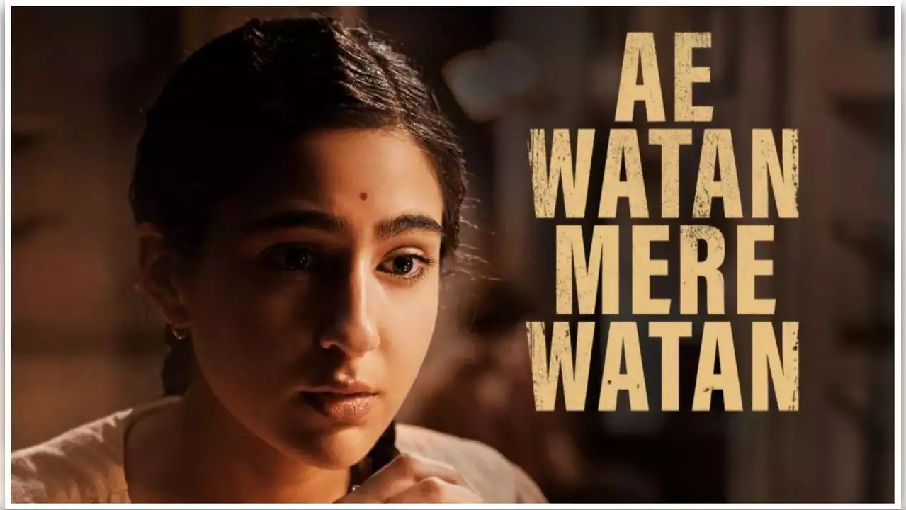 Its a Poster of a movie relased on Amazon prime name AE WATAN MERE WATAN feature sara ali khan. sara ali khan in an image in get up of freedom fighter usha
