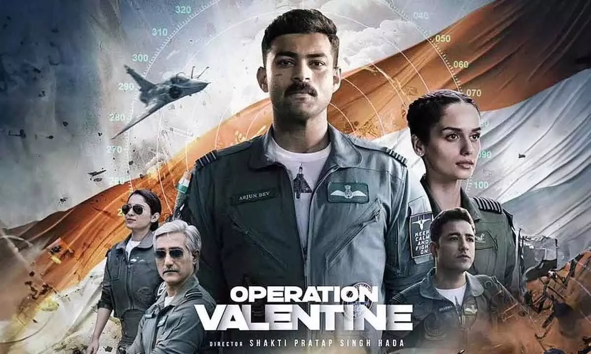 this is the poster of Operation valentine In image we can find manushi chillar (Miss world) and tollywood actor varun teja with indian flag in background