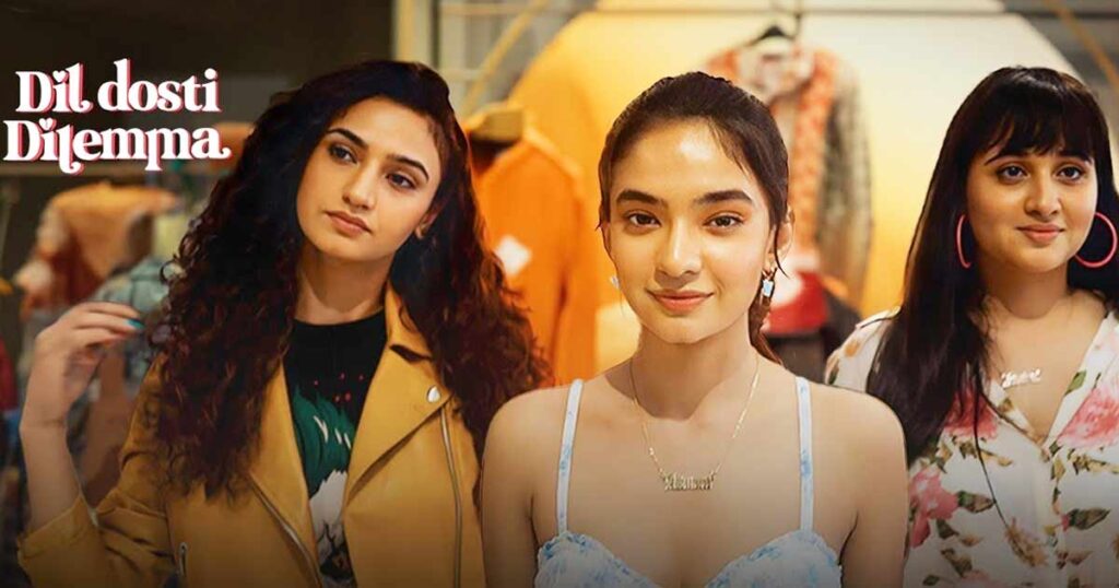A colorful movie poster featuring a young woman (Asmara) surrounded by her friends (Tania and Naina) against the backdrop of a bustling Indian neighborhood. pen_spark aasama as Anushka sen review